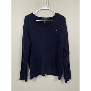 Lauren Ralph Lauren Navy Blue Cable Knit Embroidered V-Neck Sweater Plus Size 1X
